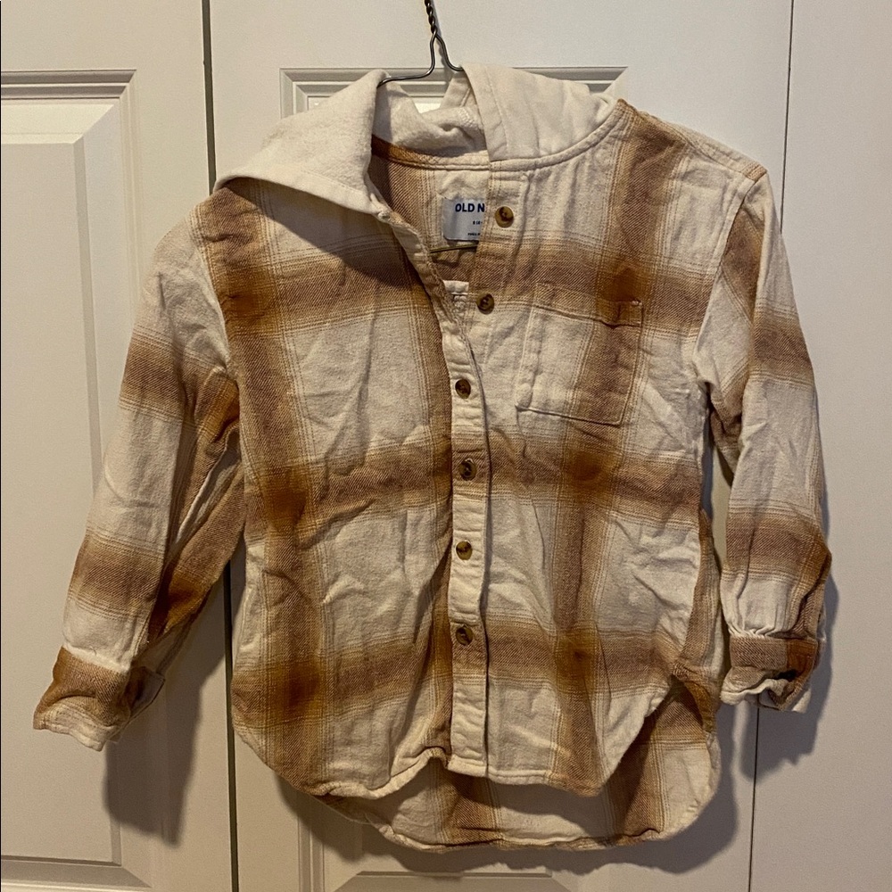 Old Navy Brown and Cream Checkered flannel button down Shirt hooded